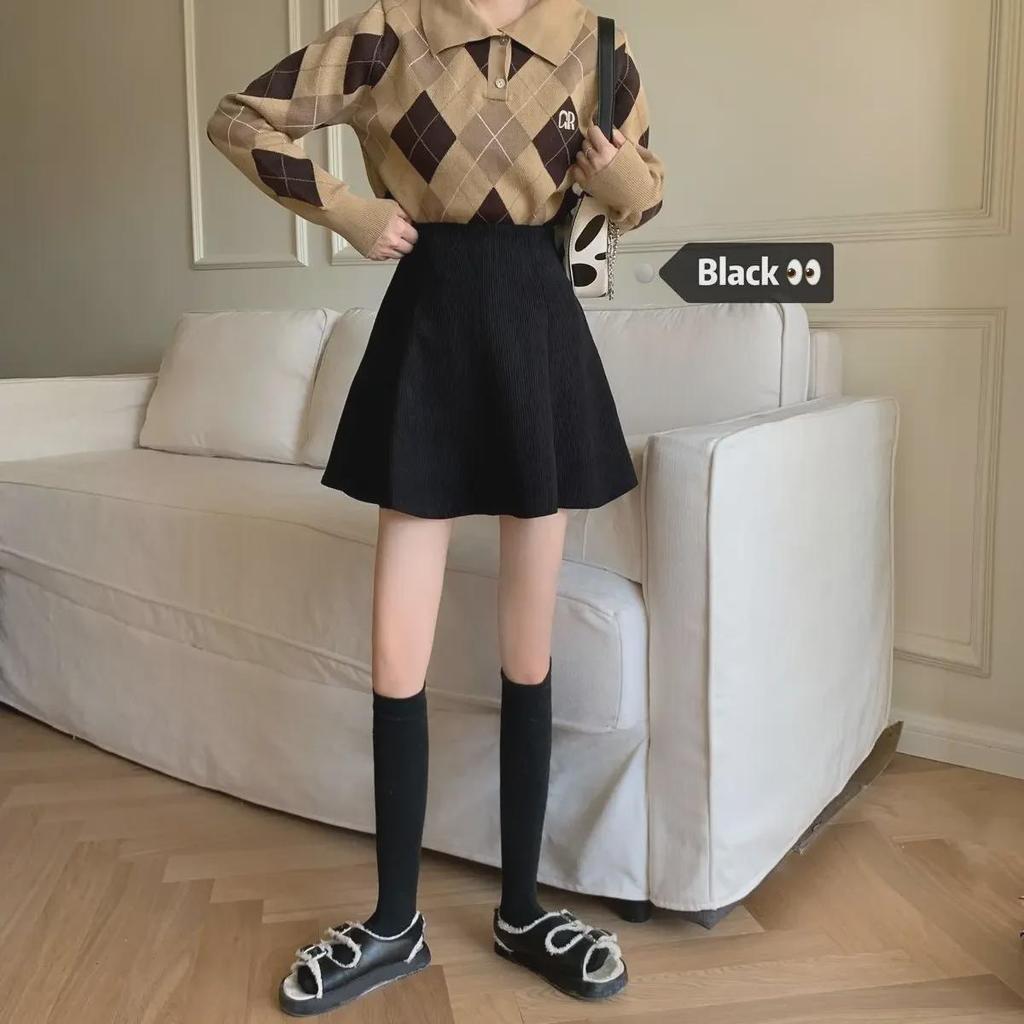 Women's Black High-Waist Corduroy A-Line Skirt - Slim Fit, Casual, Short, for Fall/Winter 2022