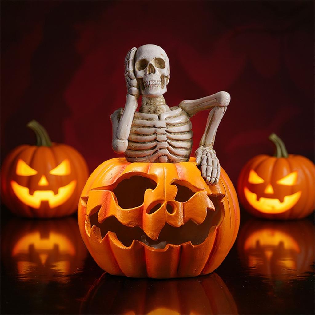 Halloween Pumpkin Skeleton Figurine Spooky Ghost Festival Skull with LED Lights Resin Crafts Sculpture Home Office Desktop
