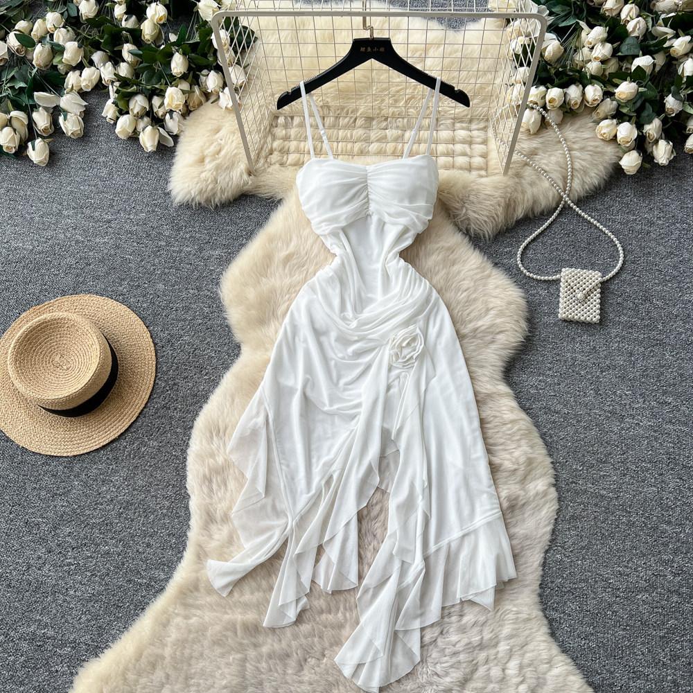 French Purple Suspender Sleeveless Dress Women's Summer Three-dimensional Flower Waist Thin Irregular Holiday Dress