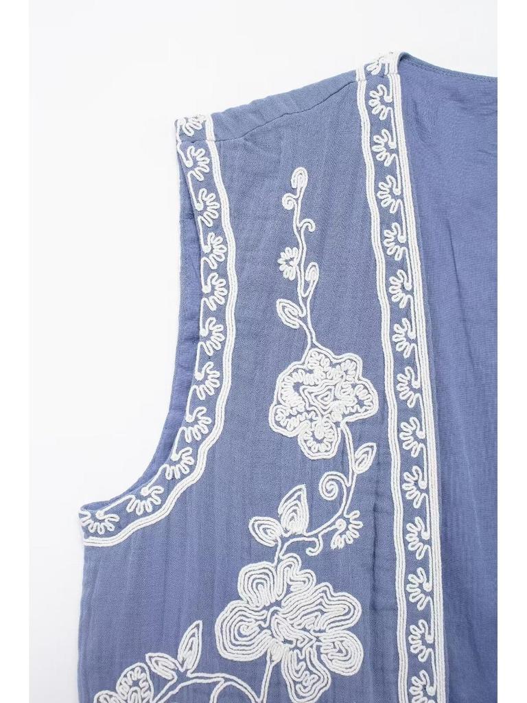 2024 Vintage květinová výšivka Barevný blok Vesta – Jarní bezrukávový top s otevřeným předním dílem