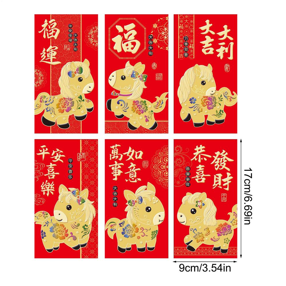 2026 Year Of The Horse Chinese Red Envelope 6 Pieces Cartoon Golden New Year Spring Festival Red Envelopes For Kids Boys Girls