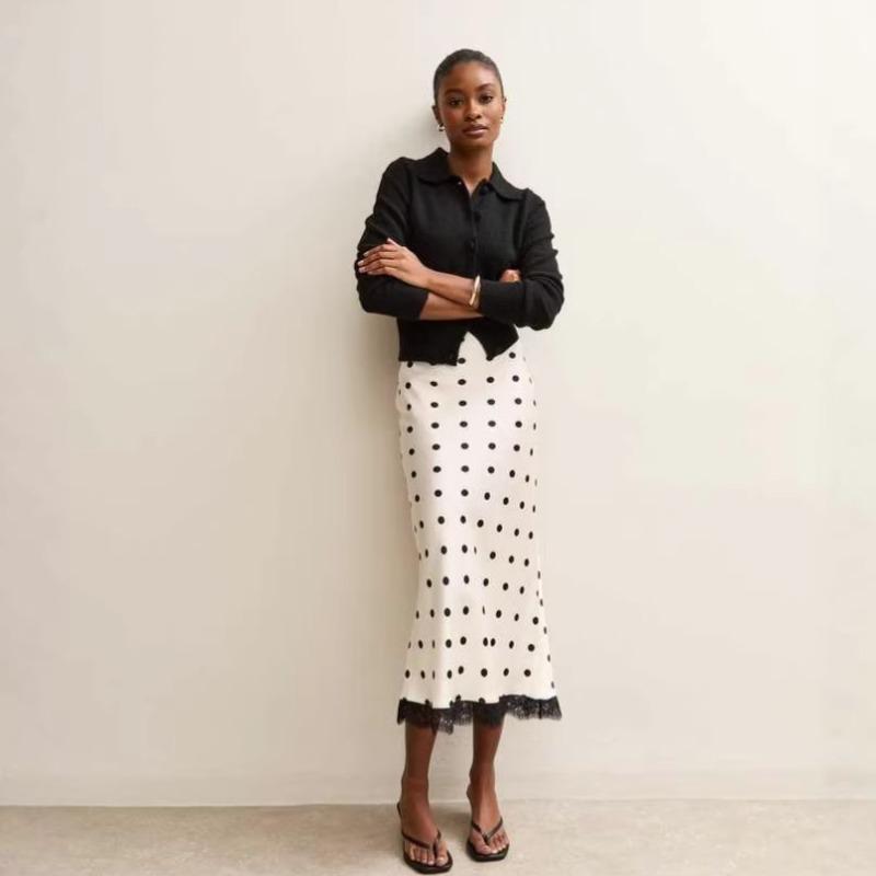 Qooth Lace Patchwork Polka Dot Straight Midi Skirt High-Waist Slimming Half Skirt Fashionable Retro Women's Skirt
