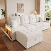 Modułowa Sofa w Kształcie L z Swobodnie Ustawianym Pufem ze Schowkiem, Podwójny Podłokietnik ze Schowkiem, Porty Ładowania na Obu Podłokietnikach oraz LEDowe Oświetlenie Nastrojowe