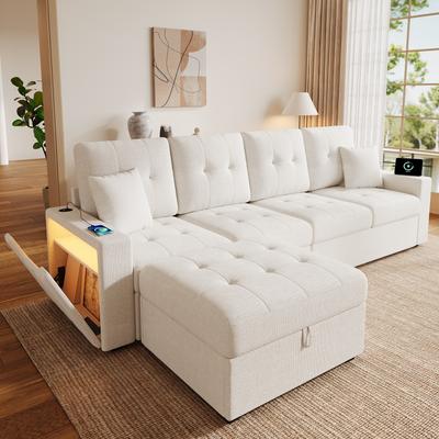 Divano Modulare a L con Pouf Contenitore Posizionabile Liberamente, Braccioli con Contenitore su Entrambi i Lati, Porte di Ricarica su Entrambi i Braccioli e Luce d'Ambiente a LED
