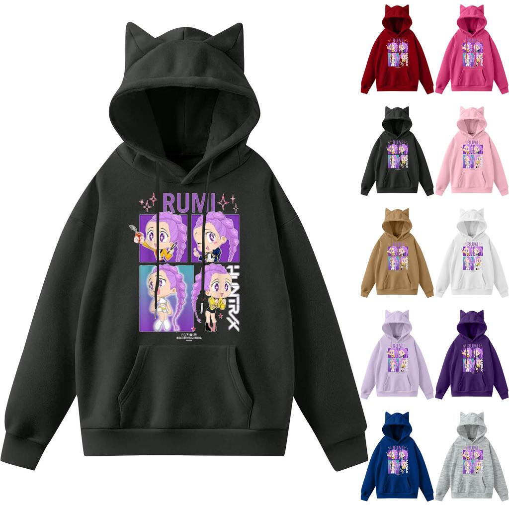 Ladies Fashion Casual Long Sleeve Printed Round Neck Hoodie Pullover Top With  Pockets