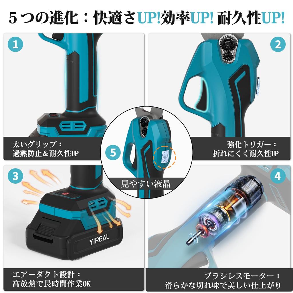 Cordless rechargeable pruning shears with 18V power 32mm cutting adjustable opening compatible with Makita 4000mAh PSE cut count and remaining battery