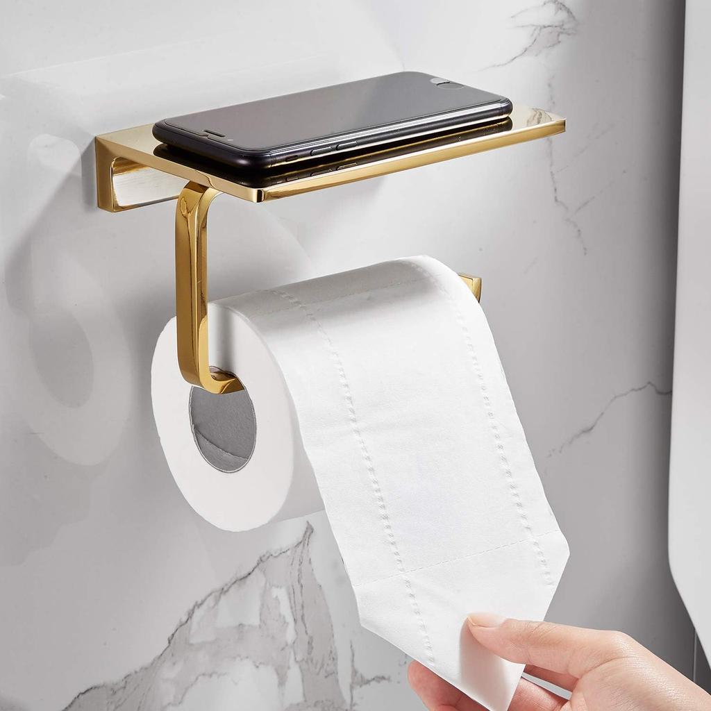 Toilet Paper Holder for Bathroom Solid Brass and Superior Hotel Style Tissue Roll Holder with Cell Phone Storage Gold Finish