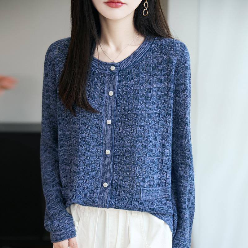 Pull Tricoté Nouveau Style Printemps et Automne, Cardigan Tricoté à Col Rond, Haut Color-block à Manches Longues pour Femmes