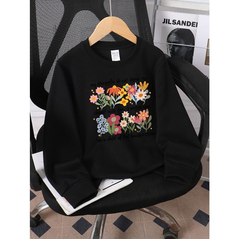 European sizes Kids' Crewneck Sweatshirt Floral Design with Inspirational Text , Sportswear And Casual Wear, Soft And Comfortable, Children's Clothing