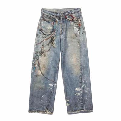 Men's European and American High Street Distressed Straight Jeans - Washed, Printed, and Loose Fit for Spring and Autumn