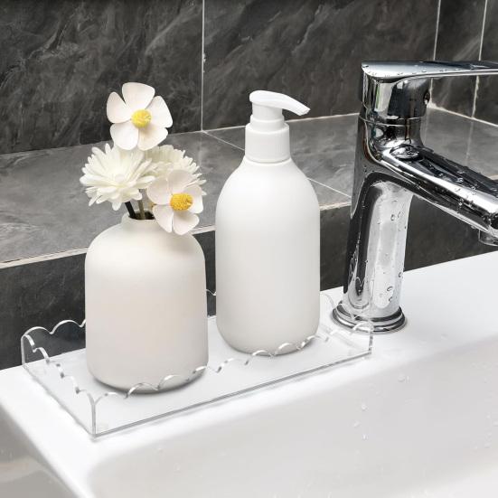 1/2Pcs Acrylic Bathroom Vanity Tray Multi-purpose Soap Dispenser Perfume Holder Storage Tray Living Room Counter Rectangle Decorative Scalloped Tray
