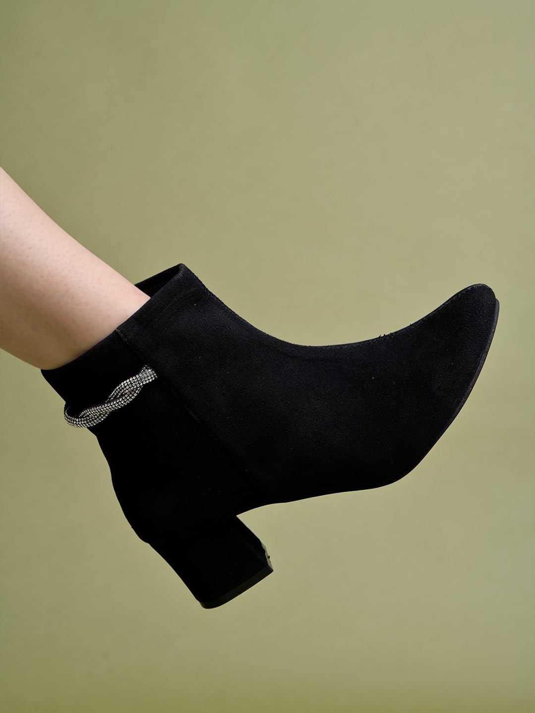 

Shoetopia Women S Black Suede Ankle Boots With Block Heel And Rhinestone Knot Detail||Side Zip Fashion Booties For Fall 7 UK чёрный