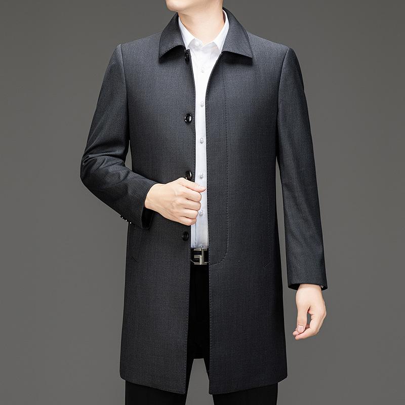 Middle-aged Buttoned Windbreaker Men's Mid-length Daddy Wool Lapel Coat Autumn and Winter New Loose Business Coat