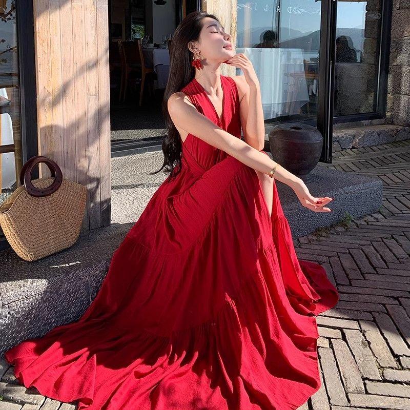 Niche Korean pure desire sweet and spicy style sexy backless dress women's summer new Hepburn style neck pendulum skirt