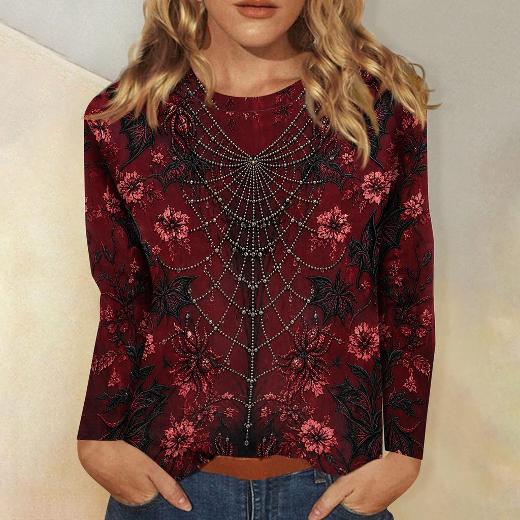 Women's Long Sleeve Halloween Printed Crewneck T-Shirt - Casual Fashion Top for