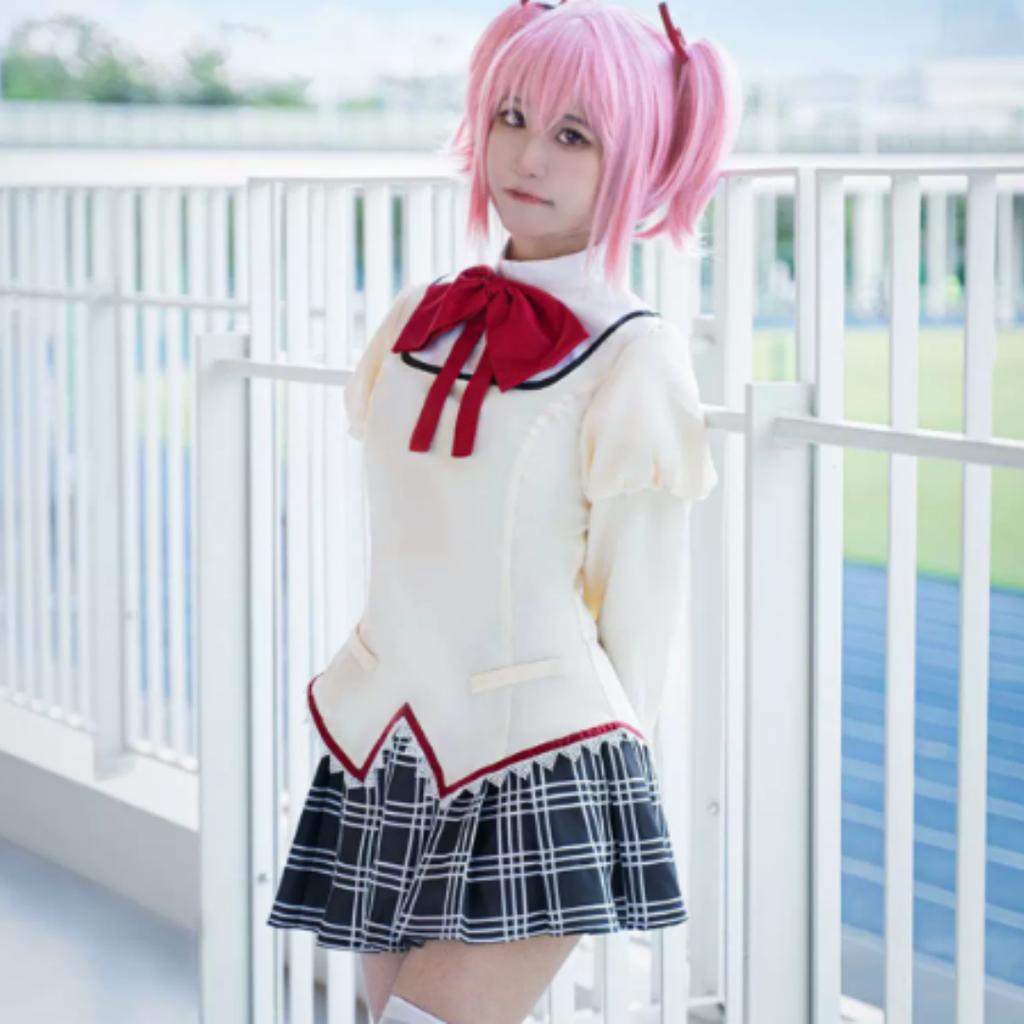 Puella Magi Madoka Magica School Uniform Cosplay Costume Full Set with Wig for Halloween Party