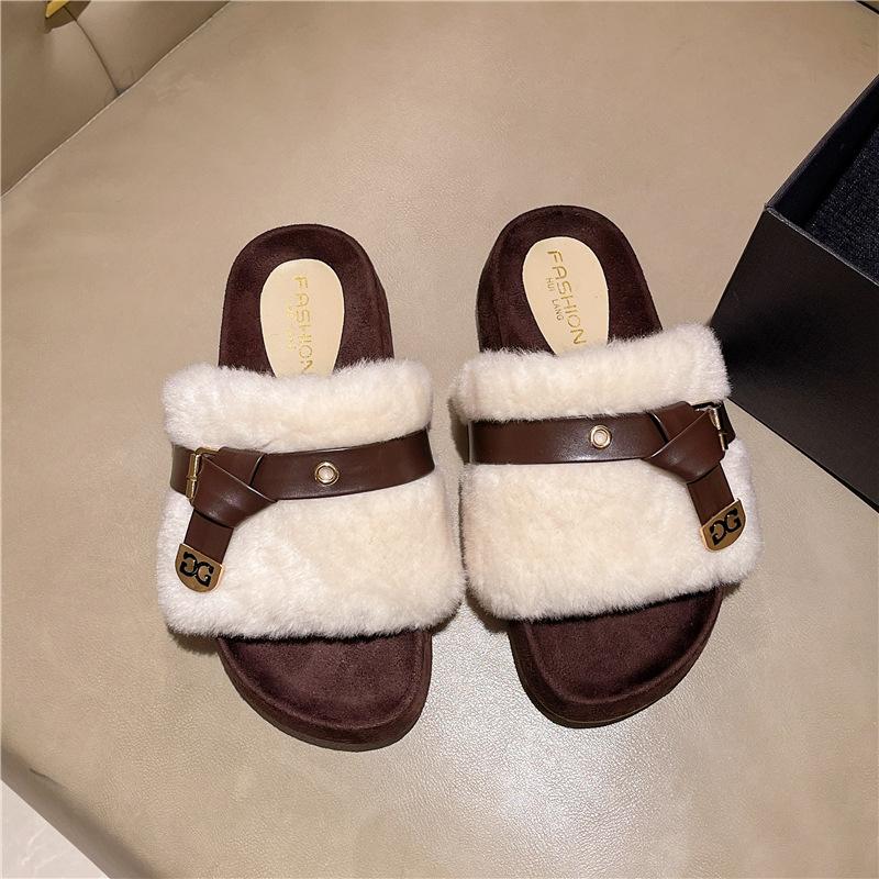 Niche Mao Mao Slippers Women's Wear In the Winter of 2025 New Internet Celebrity Versatile Lamb Wool Thick-bottomed Cotton Slippers