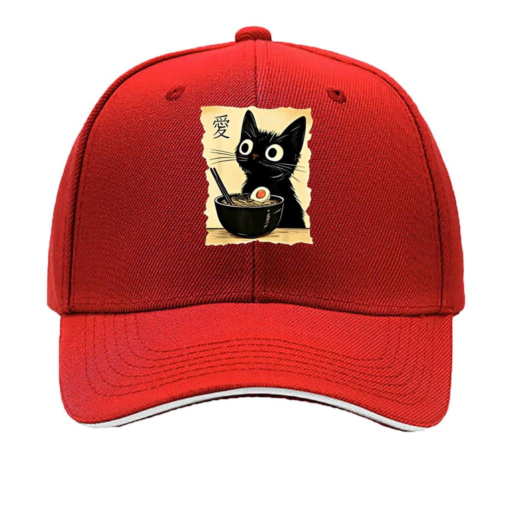 One Fashionable Printed Cartoon Cat Noodles Pattern Summer Curved Brim Cap Trendy Daily Wear Duckb Sandwich Baseball Cap