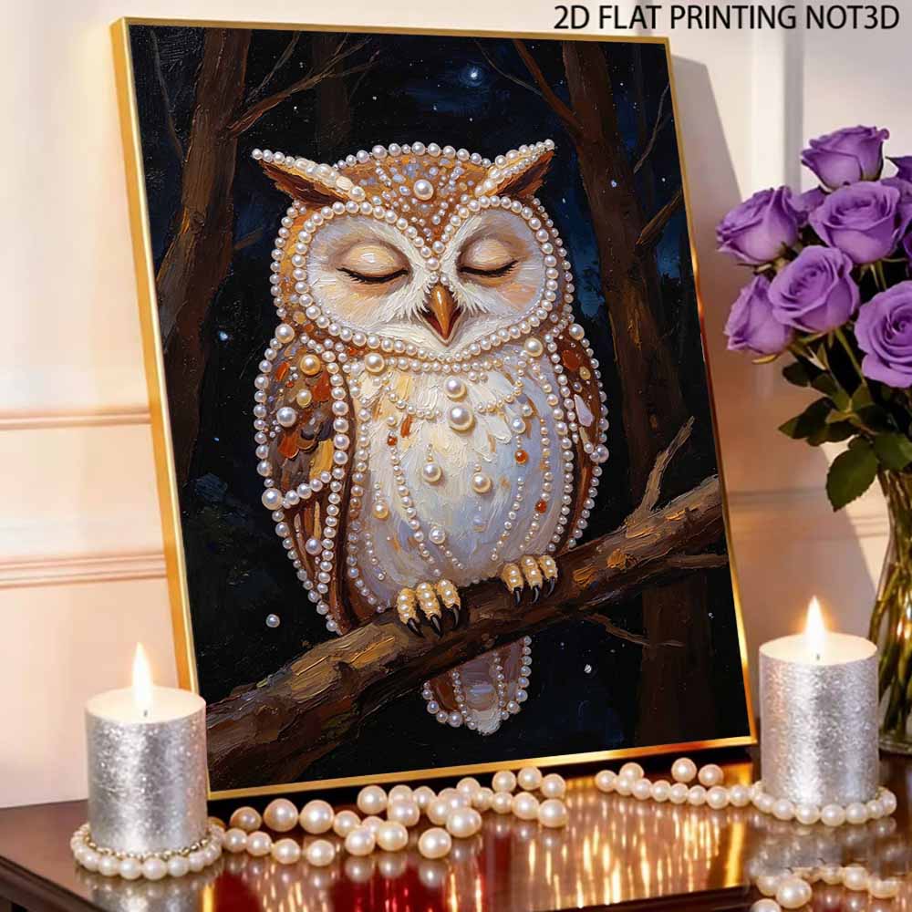 Sparkling Pearl Painting on Stretched Frame Sleeping Owl at Night DIY Bead Art Canvas Relaxing Hobby Gift for Craft Lovers Home Decor