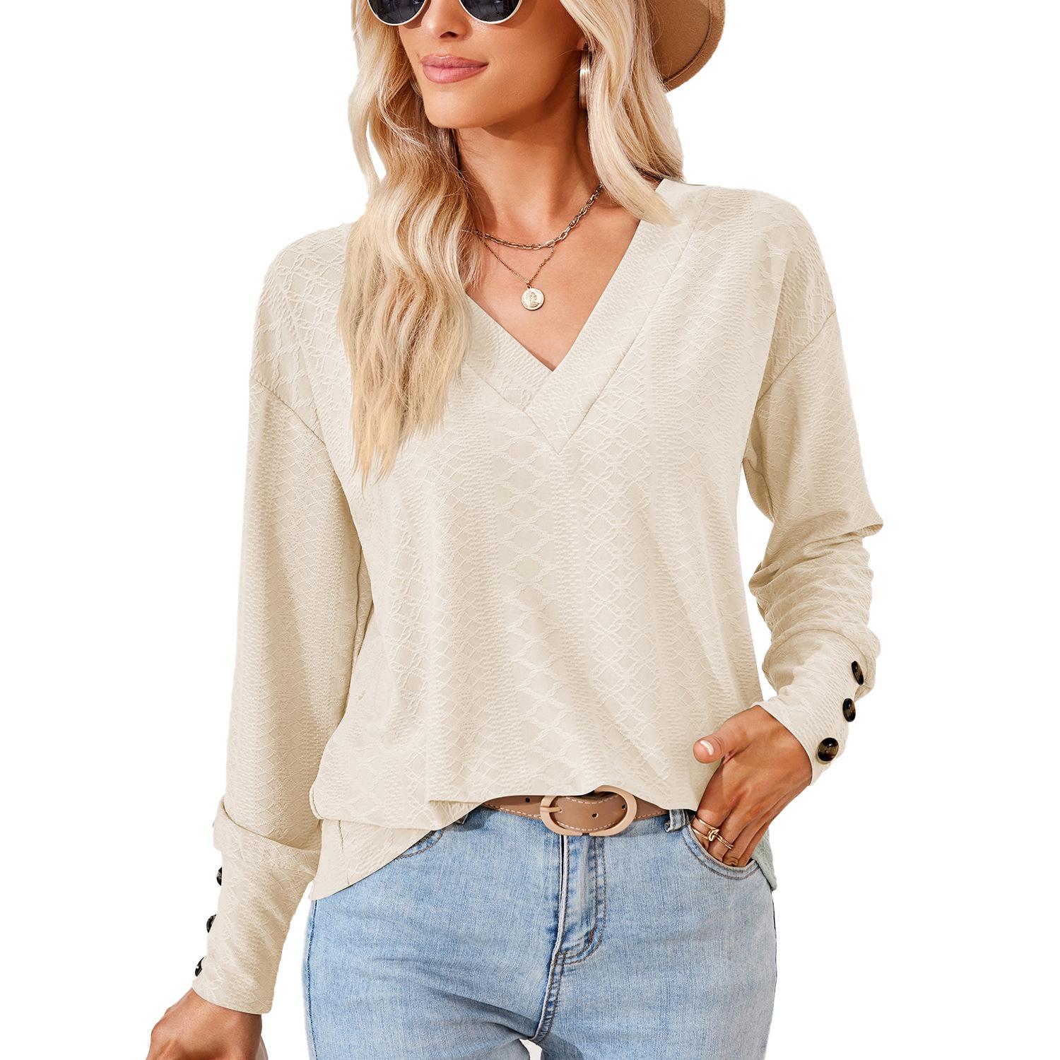 

Весенне-осенняя женская блузка, однотонная, с v-образным вырезом, жаккардовыми пуговицами, свободные топы с длинными рукавами XL