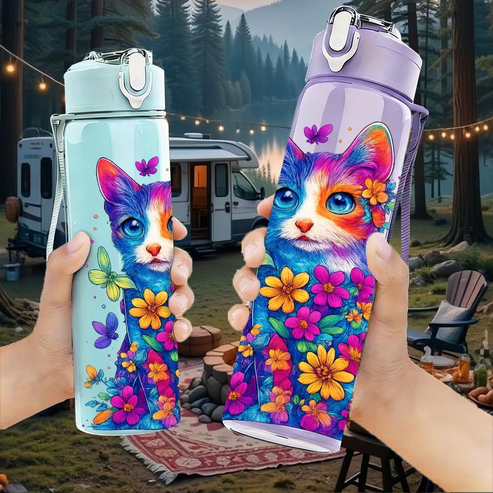 1PC Colorful Cat Psychedelic Art Print 750ml Color Plastic Sports Water Bottle Leakproof Flip Straw Lid Suitable for Sports Office Home Use