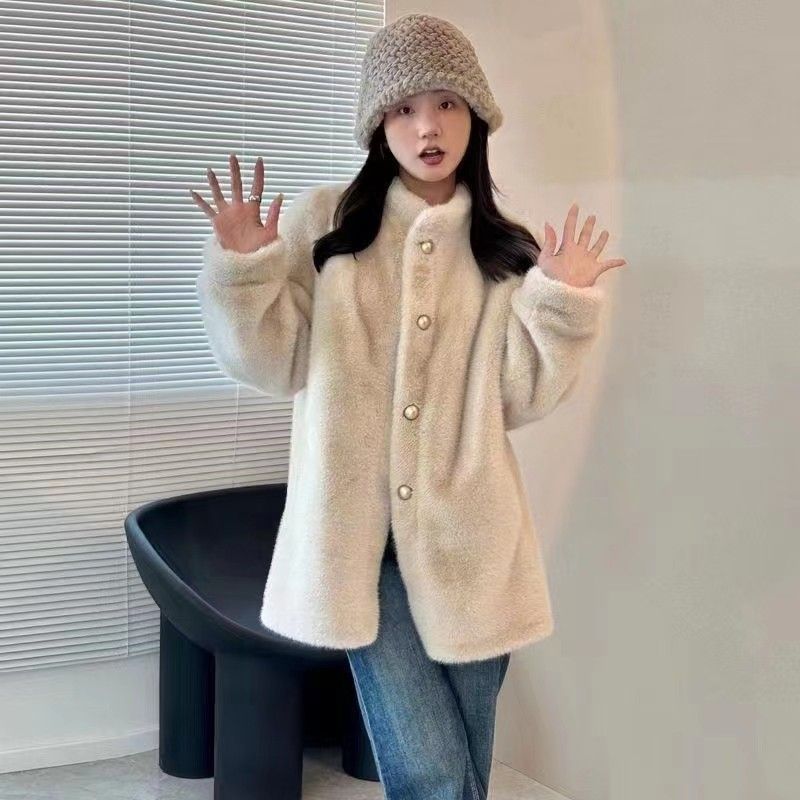 

Зимнее новое пальто из сладкого пушистого искусственного меха со стойкой, средней длины, приталенное, утолщенное, на хлопковой подкладке, модное S [90-55kg] абрикосовый