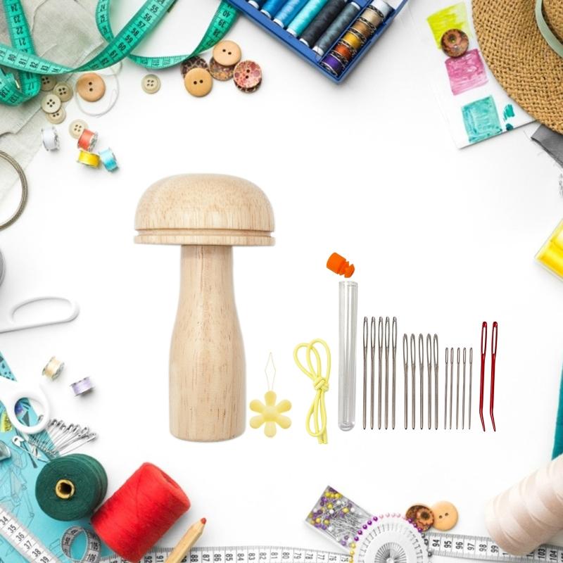 Cute Darning Set with Mushroom Shape Wooden Darner Sewing Tool Kit for Darning Socks Pants Sweaters DIY Sewing Crafts