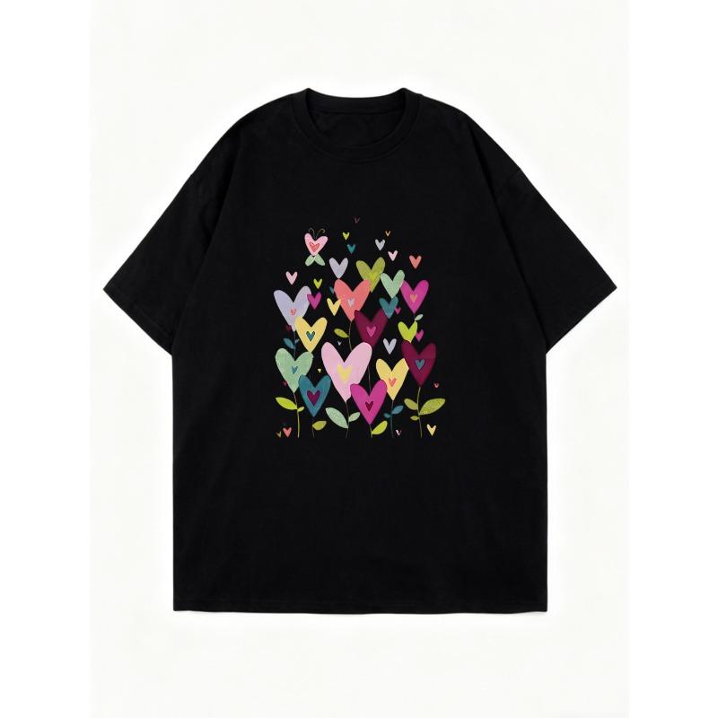 Black Oversized T Shirt With Colorful Hearts And Leaves Print For Casual Wear