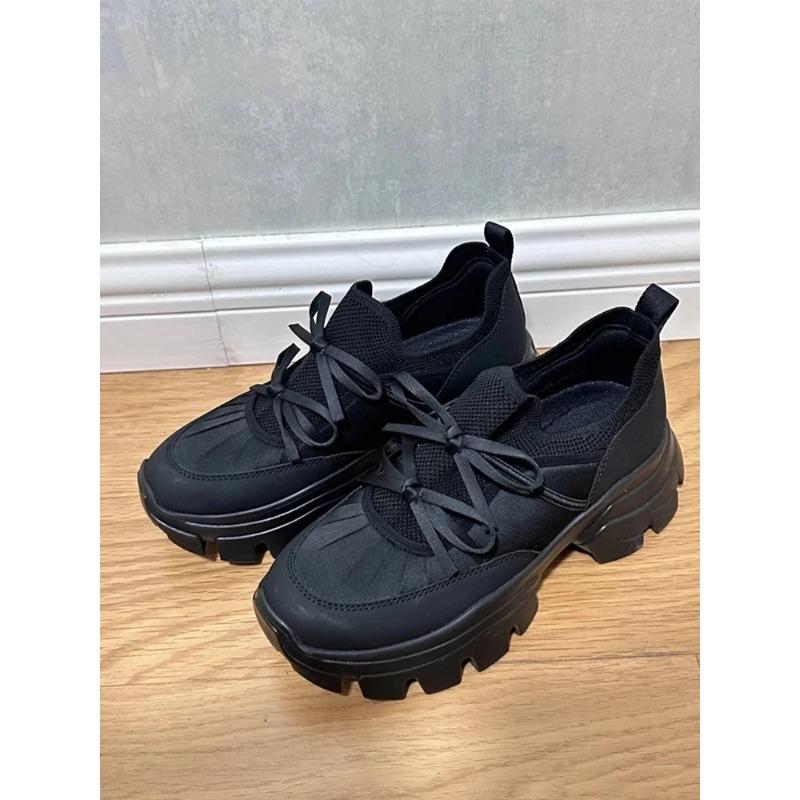 Fashion Leather Version Real Leather Ballerina Thi Bot Dad Shoes Women Knot Casual Sports Shoes Outdoor Sle Round Toe