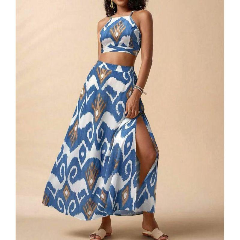 New Vacation Print Elegant Two-piece Set Sling Sleeveless Top and Slit Skirt sets Women
