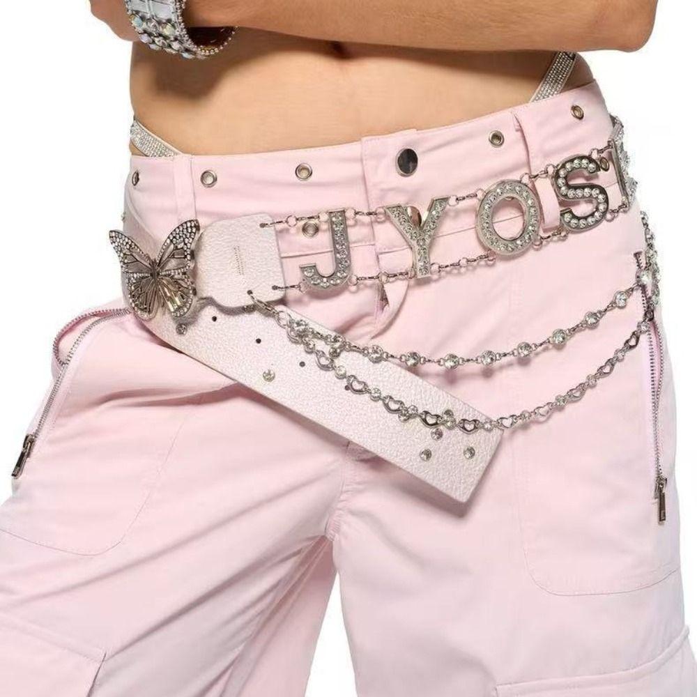 PU Leather Butterfly Waist Chain Spice Girl Y2K Waistband Rhinestone Belts  Decorative Jeans