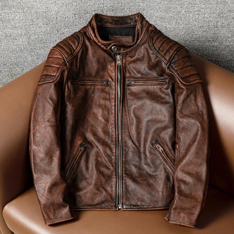 Genuine Leather Jacket Men Distressed Brown Vintage Stand Collar Biker Coat Large Size