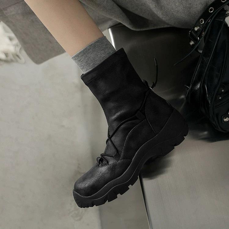 Cowhide version 2025 autumn and winter new fashion round head thick heel short boots versatile upgraded elastic boots thin boots short boots