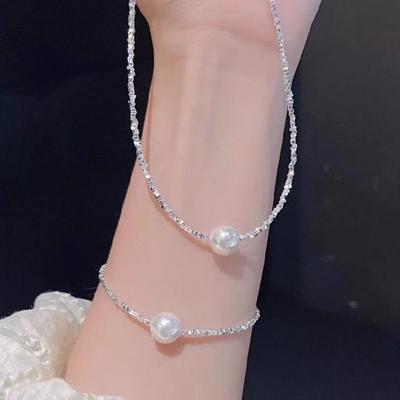 S925 Silver Plated Pearl Necklace Women Luxury Minimalist Jewelry Set with Broken Silver Bracelet Elegant Collarbone Chain