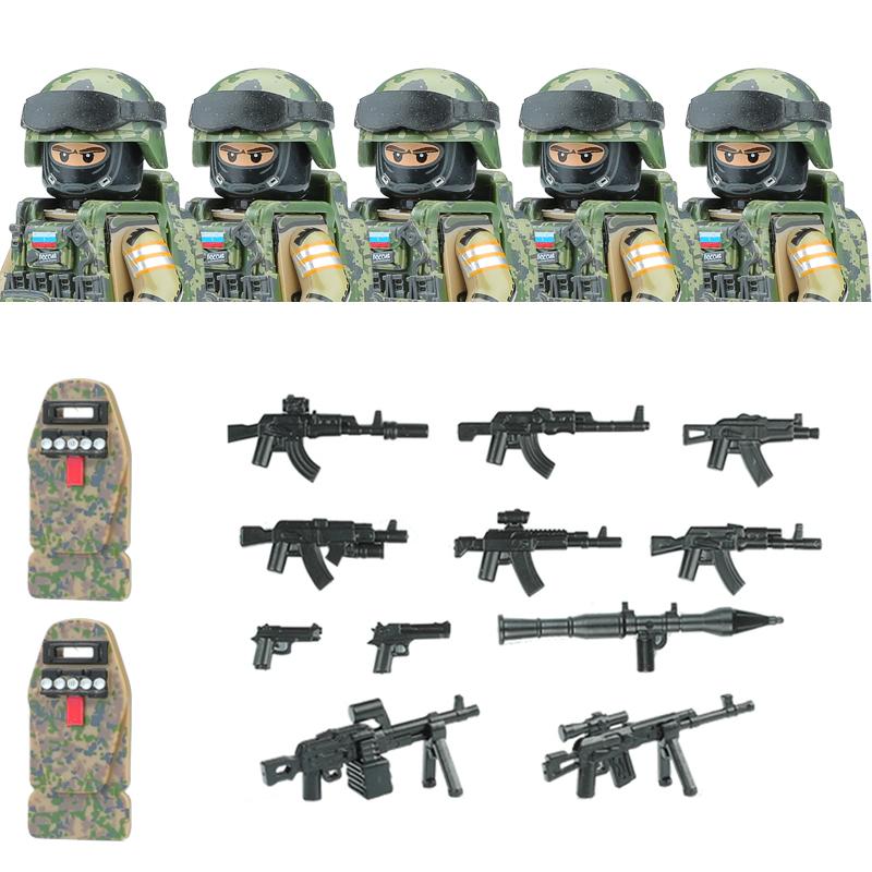 Non-Toxic City Police Russia Commando Fsb Special Forces Figures Building Blocks Green Camouflage Shield Army Soldier Military Weapon Toys