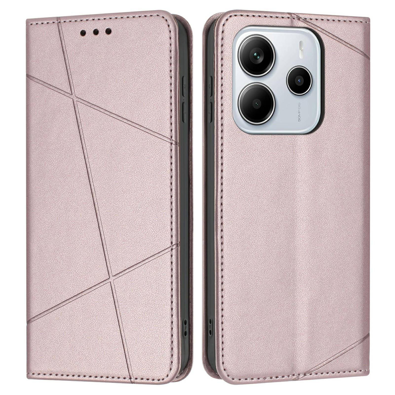 

Для Xiaomi Redmi Note 14 4G (163,25 мм) Чехол-кошелек из кожи с тиснением, подставка, чехол для телефона с ремешком на запястье Rose Gold