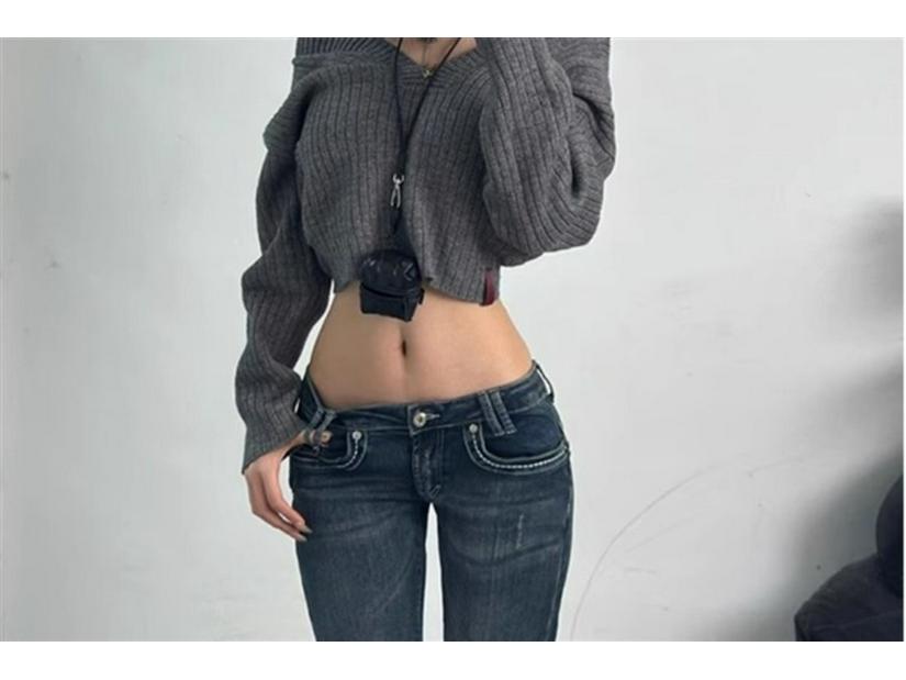 Women's American Spicy Girl Low-Rise Distressed Flare Jeans - Designer Feel, Floor-Length Elastic Fit