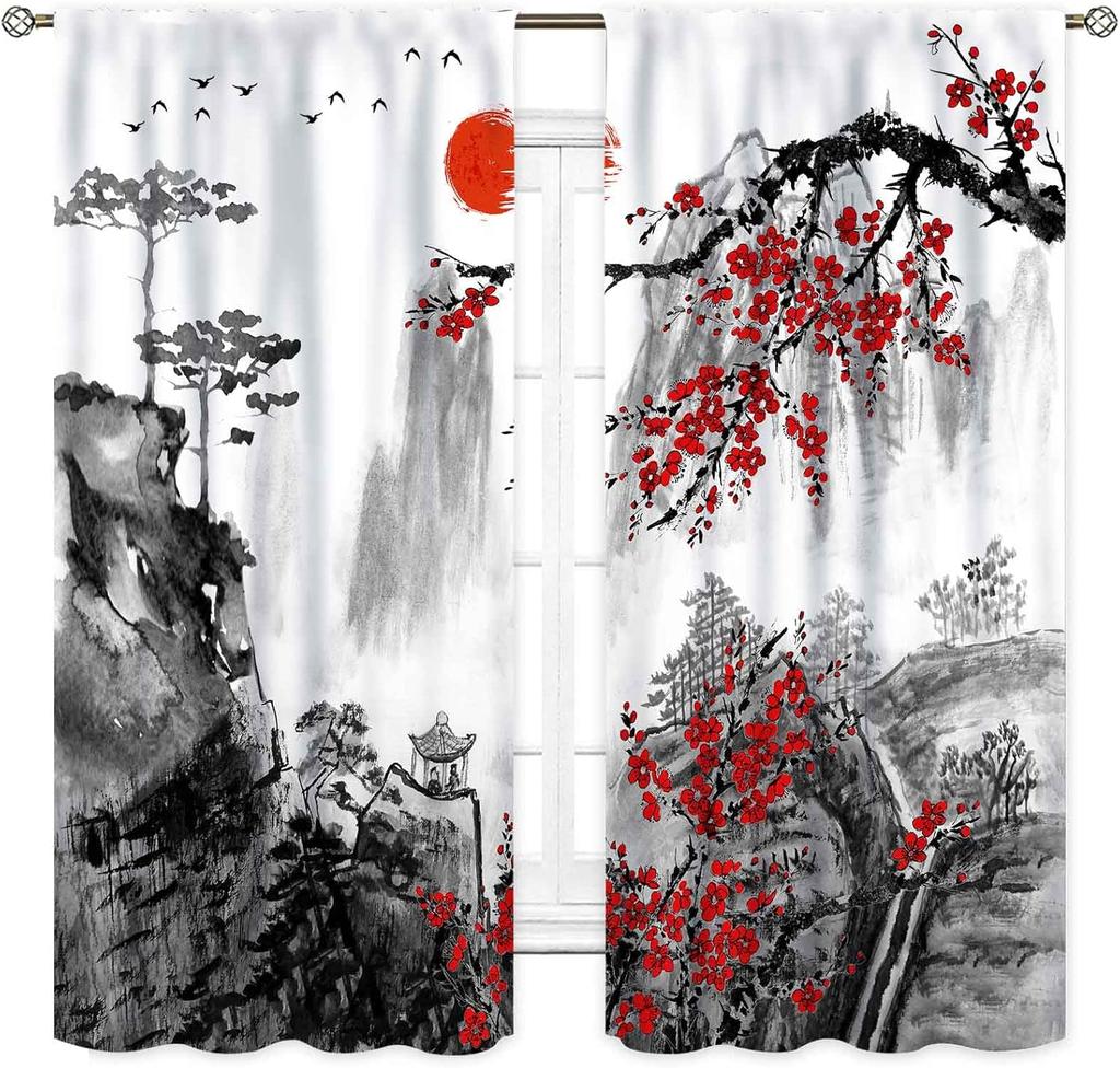 Cherry Blossoms Curtains   Japanese Traditional Ink Painting Red Floral Plum Blossom Asian Oriental Nature Mountains Landscape Wi