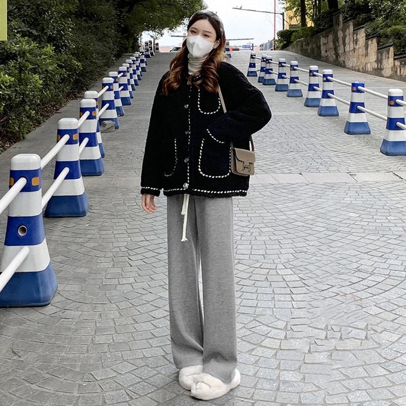Pink Faux Cashmere Knitted Pants For Women Autumn Winter Thickened High Waist Relaxed Straight Leg Wide Leg Casual Trousers