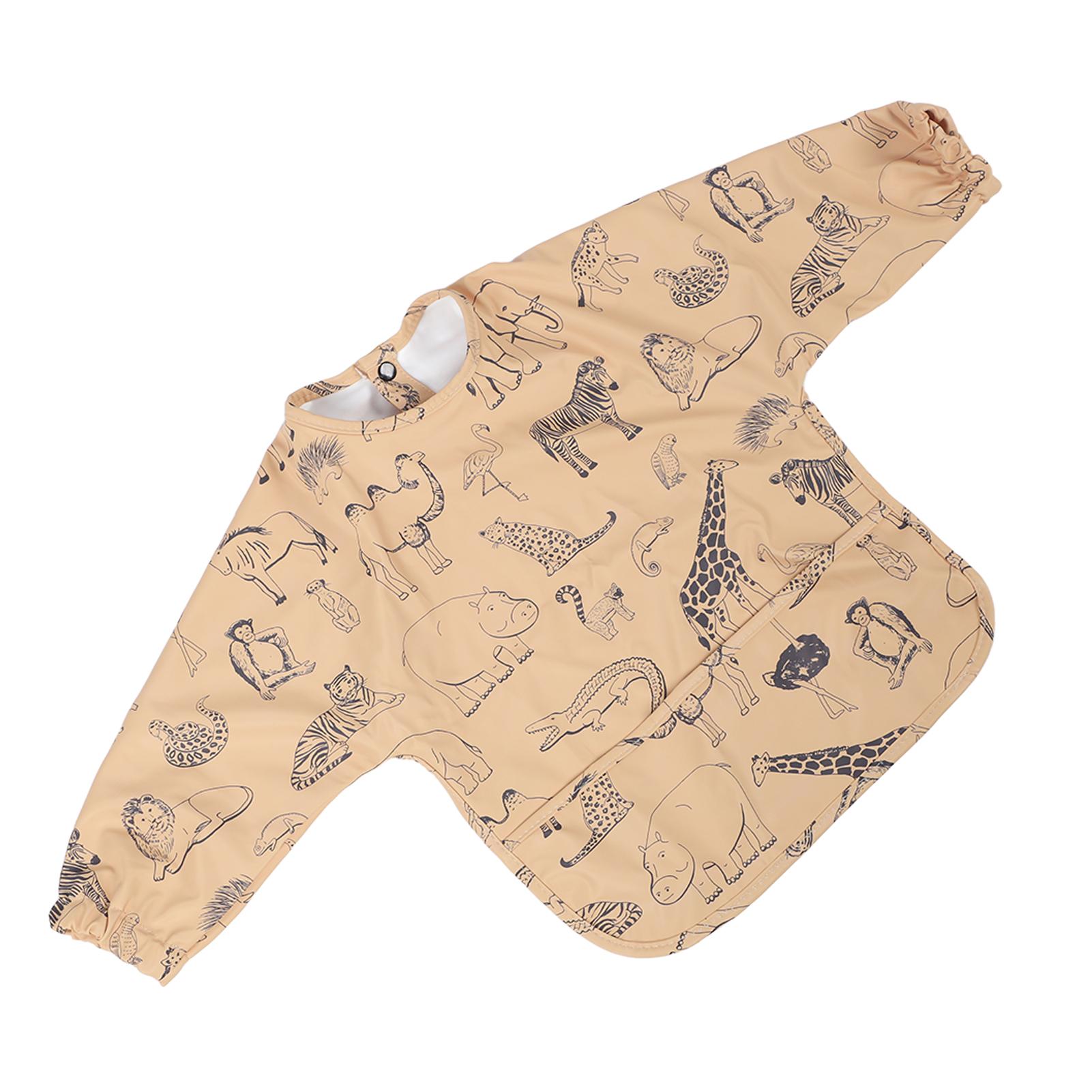 Bavoir Manches Bébé Petite Taille Motif Dessin Animé Imperméable Bambin Bavoir Doux pour les Repas beige