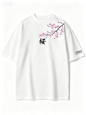 Summer Unisex Cherry Blossom Pattern Japanese Style Loosetee Shirt Suitable For Daily Wear Material Trendy Versatile Short Sleeve
