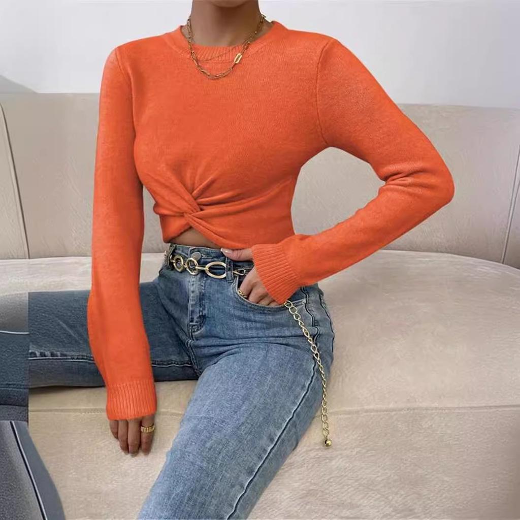 Autumn And Winter Slim Women's Fashion Solid Colour Versatile Round Neck Design Cross Knit Top Sweater