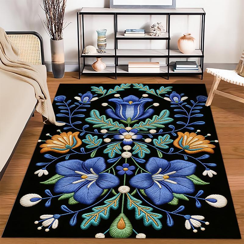 Floral Embroidered Design Carpet with Blue and Orange Flowers Pattern Suitable for use as an anti-slip for living room bedroom sofas