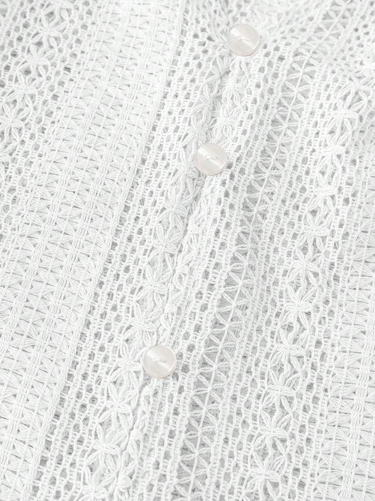 Spring New Loose Fashion Versatile Hollow Lace V-Neck One-Button Pleated Long Sleeve Shirt