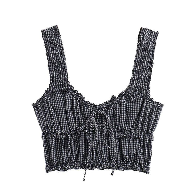 Fashion Style 2024 Summer New Arrival Women's Sling Silm Easiest for Match Plaid Short Tops 3115309 064