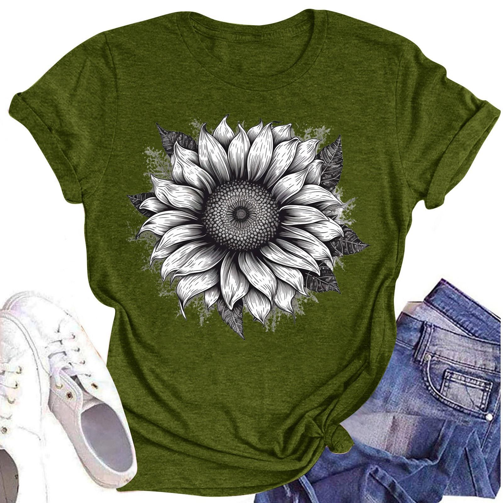 

Женская повседневная футболка с круглым вырезом и цветочным принтом, короткий рукав L армия зеленый