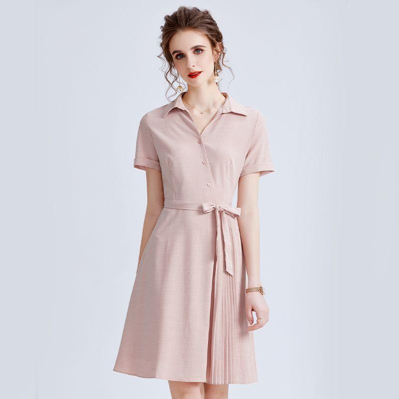 

Classic Style Shirt Dress 2025 New Arrival Mid Length Long Length A- line Skirt Waist-Tight Slim Looking Pink Shirt Skirt Pink L
