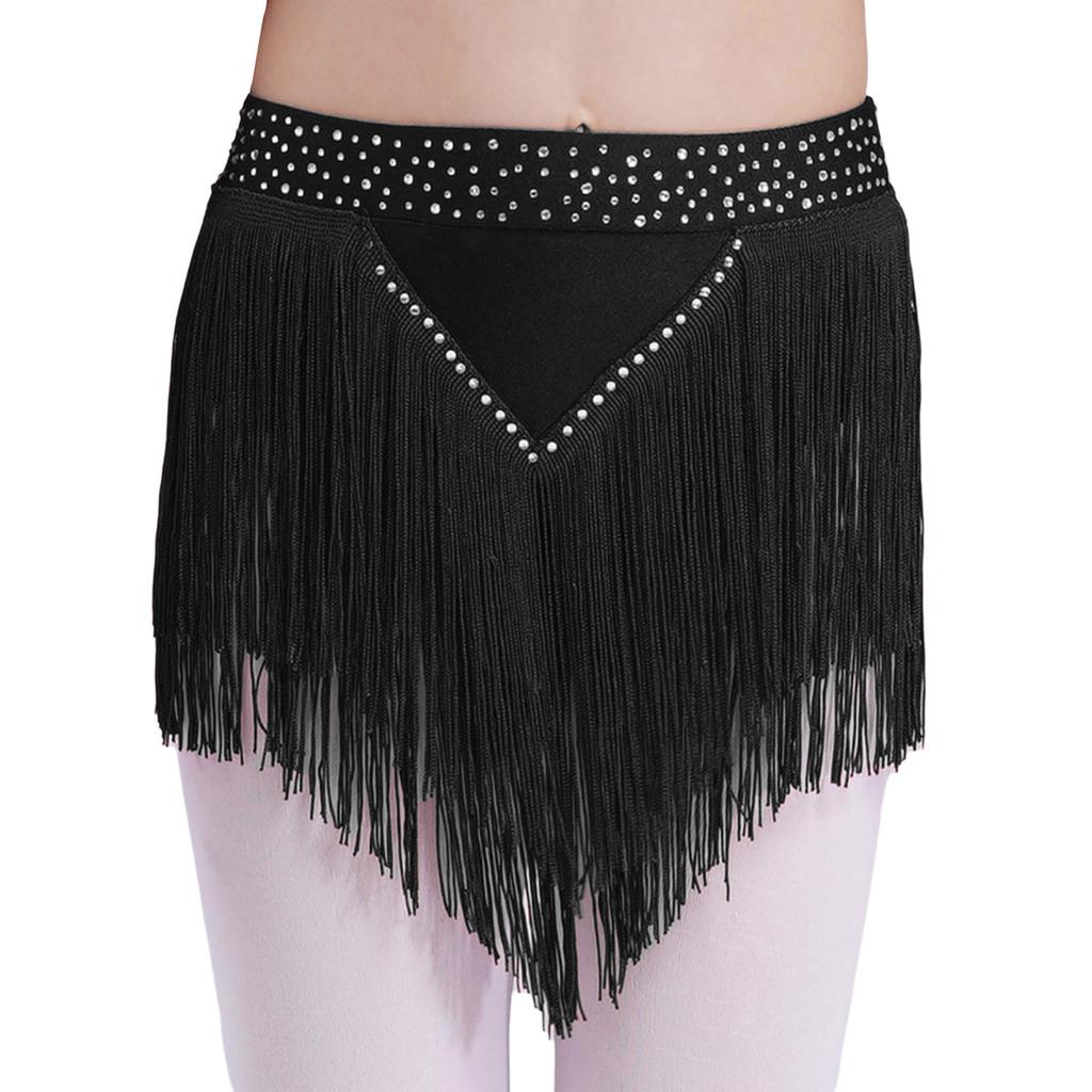 Girls Latin Dance Costume Mock Neck Sleeveless Fringe Vest Sparkly Rhinestones Tassel Skirt Performance Outfit