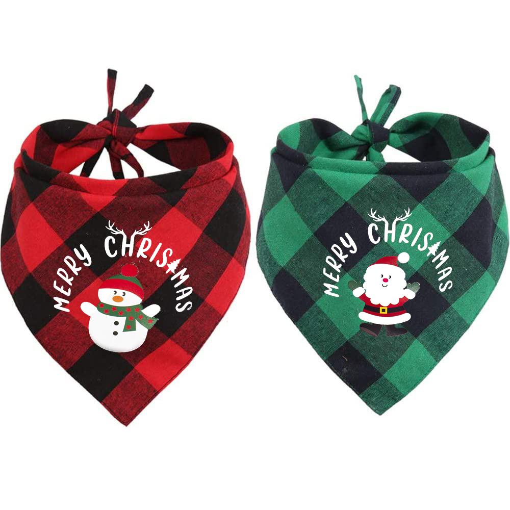 Merry Christmas 2 Pack Dog Bandana Christmas Classic Plaid Pet Scarf Santa Snowman Print Pet Drool Towel Xmas Accessories Scarf