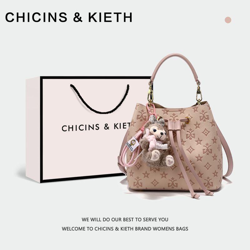 

Chicins & Kieth Pink Genuine Leather Embossed Drawstring Bucket Bag Women 2025 New Light Luxury All-Match Handbag Compression powder